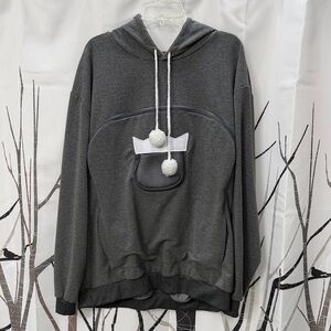 Woman’s Cat Holder Dark Gray Hooded Pullover Sweater with Pom-Pom Drawstrings